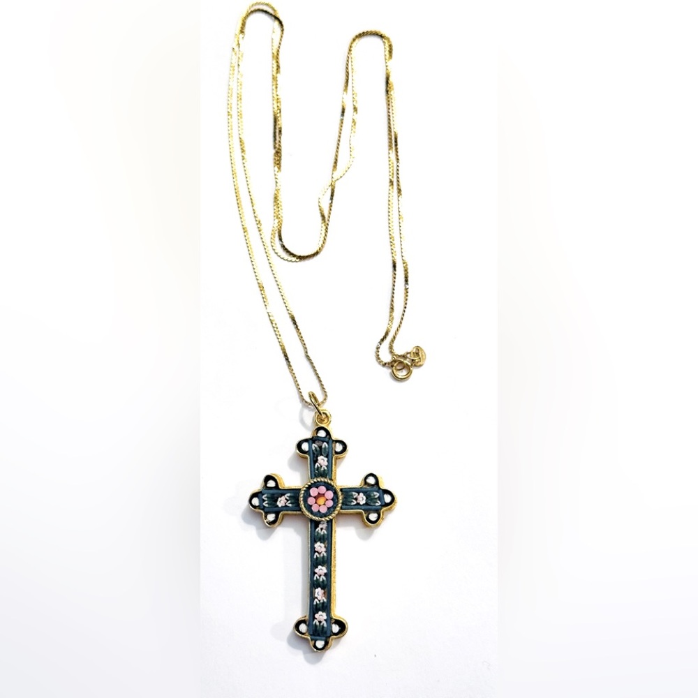Lovely Vintage 2” ITALY Micro Mosaic Large Cross Pendant & 29” 12k GF Chain